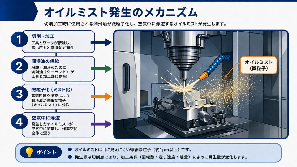 工作機械での切削時に潤滑油が微粒子化し、空気中に浮遊するオイルミストの発生メカニズムを示す図解