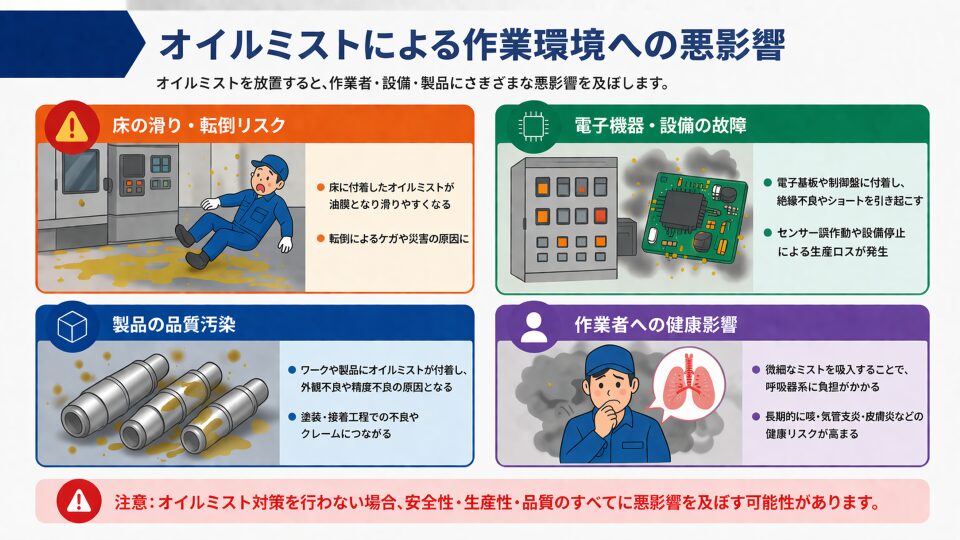 オイルミストが床の滑りやすさ、電子機器の故障、製品汚染など、作業環境に与える具体的な悪影響を示す図解