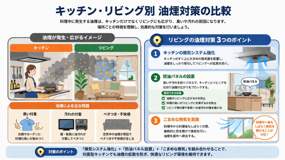 キッチンとリビングにおける油煙が発生し、各場所での効果的な対策方法を示す比較図