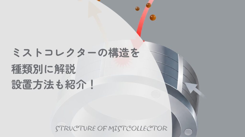 ミストコレクターの構造を種類別に解説。内部の部品や空気の流れを説明する3D図解を背景にした、設置方法も紹介するアイキャッチ画像。