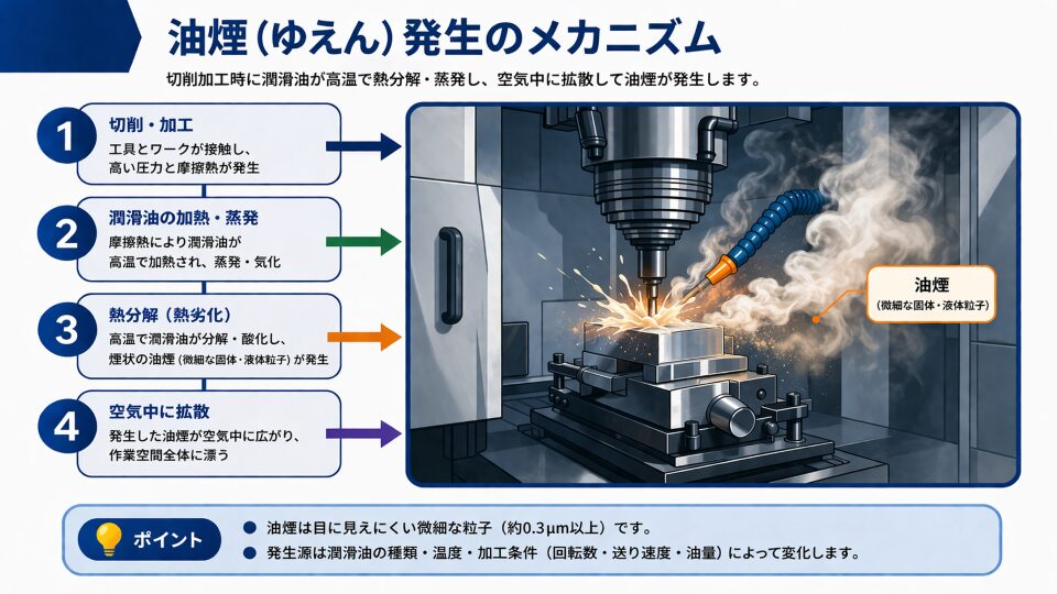 工作機械での切削時に切削油が熱と機械的要因で微細化し、油煙として空中に飛散するメカニズムを示す図解